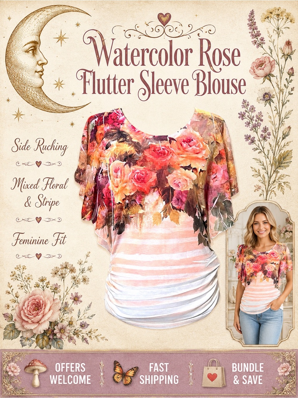 Watercolor Rose Floral Blouse Flutter Sleeve Ruched Sides